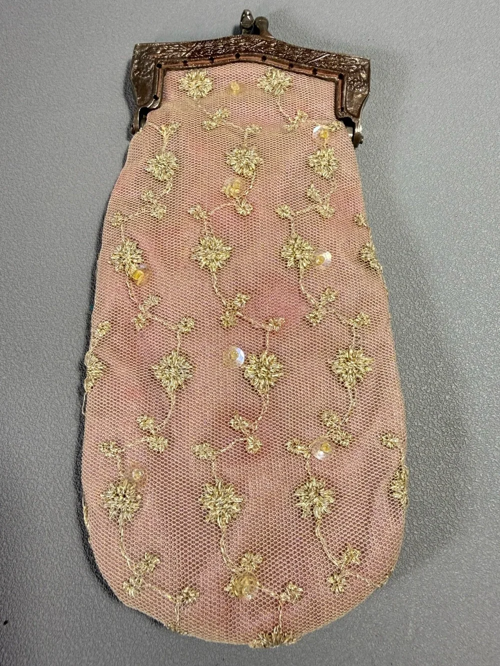 Wayne M Kleski Vintage Pink Silk & Mesh Floral Embroidered Beaded Clutch